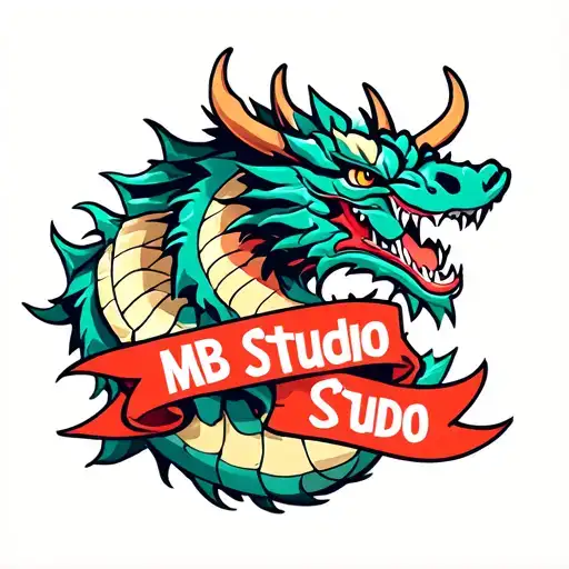 Easy and simples japanese style dragon with banner that says "MB Studio" with tradicional japanese colors, store logo tattoo design idea