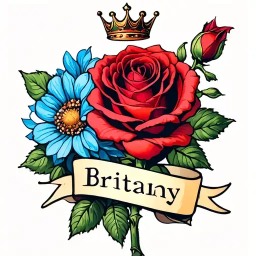red rose with Brittany written inside banner with blue flower underneath and small crown on top corner of B tattoo design idea