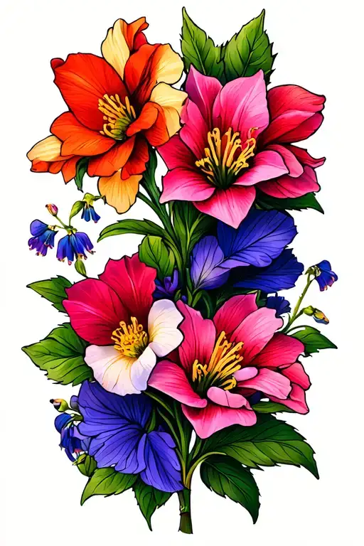 Cherry Blossom, Sweet pea, Larkspur, Gladiolus, Narcissus tattoo design idea