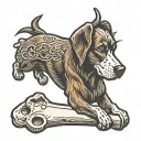 brown dog laying down chewing bone tattoo design idea