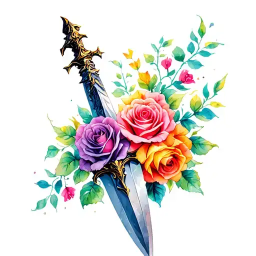 dagger with multicolored roses and thorns growing tattoo design idea