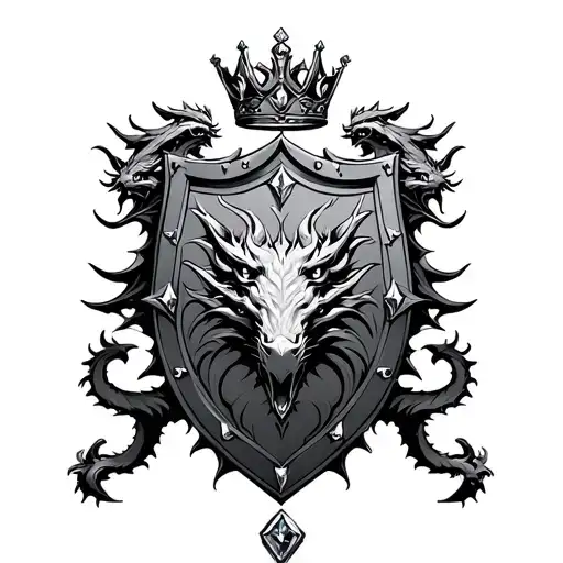 Symmetrical draconic shield, with a 5 head dragon in the center, fierce and cruel  emblems, a crown inlaid with gems tattoo design idea