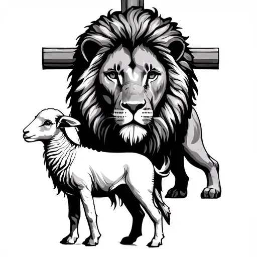lamb next to a lion with a cross in back ground tattoo design idea