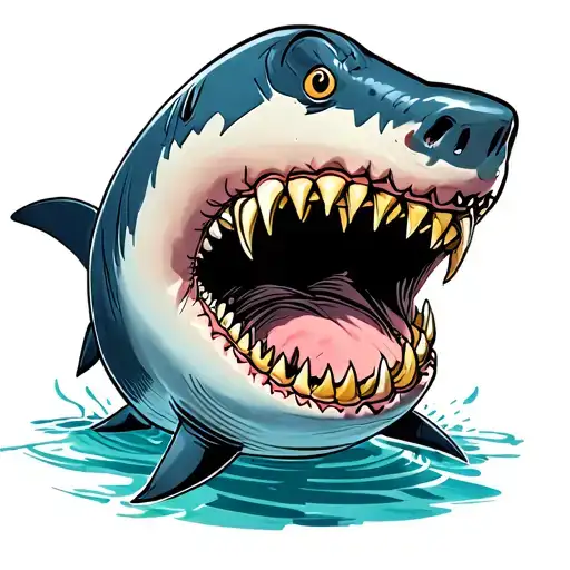 shark with its mouth open full of teeth a d one golden tooth  tattoo design idea