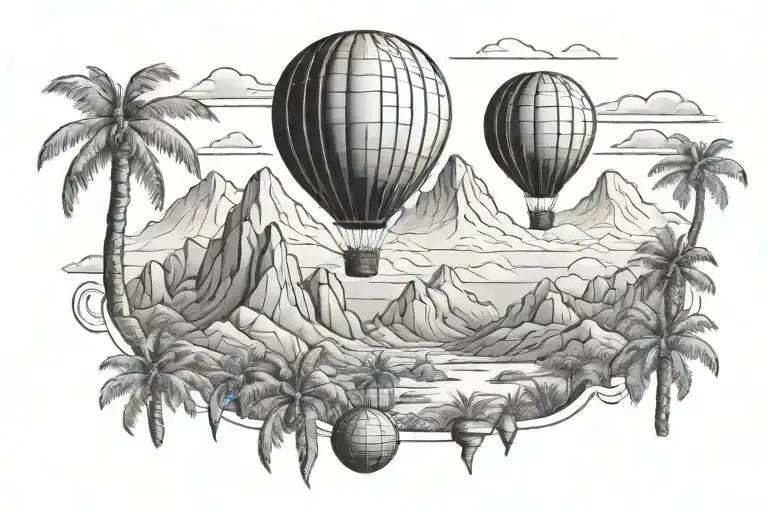 mountain ranges palm trees hot air balloon tattoo design idea