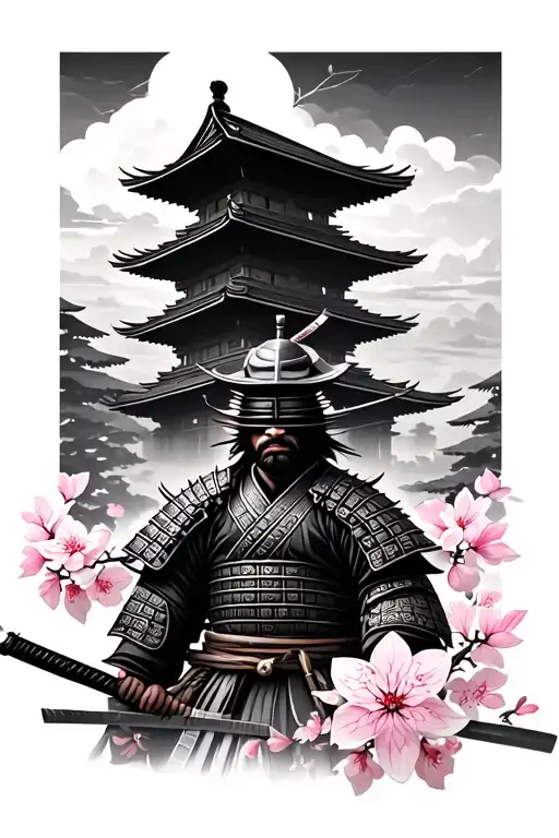 samurai in front of temple with sakura flowers tattoo design idea