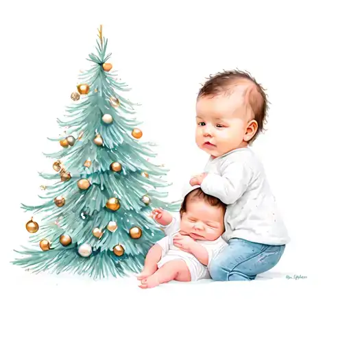 two babies in front of a christmas tree tattoo design idea