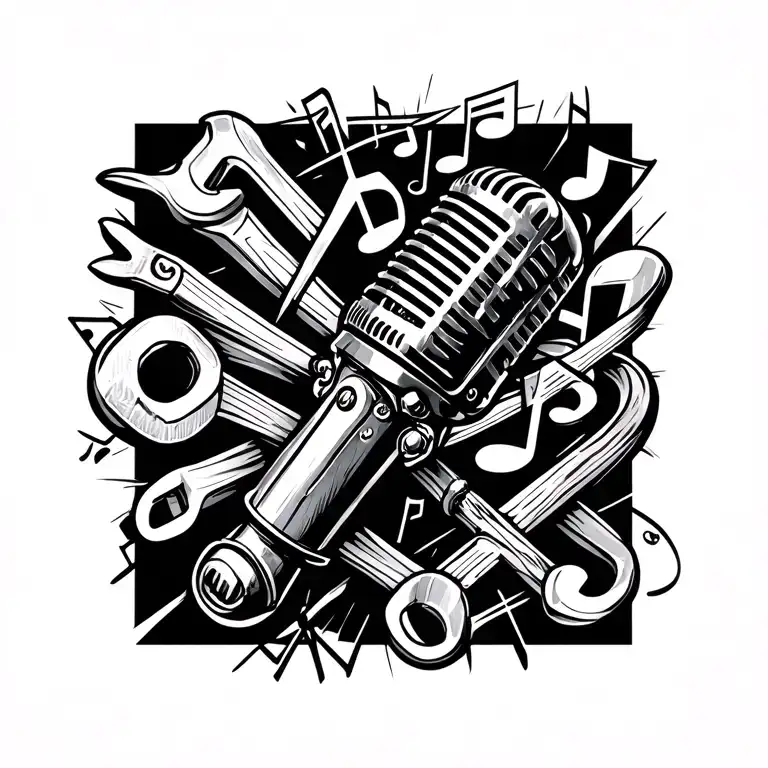 A detailed tattoo of a vintage microphone intertwined with musical notes and wrenches, symbolizing the client's love for music and working on cars tattoo design idea