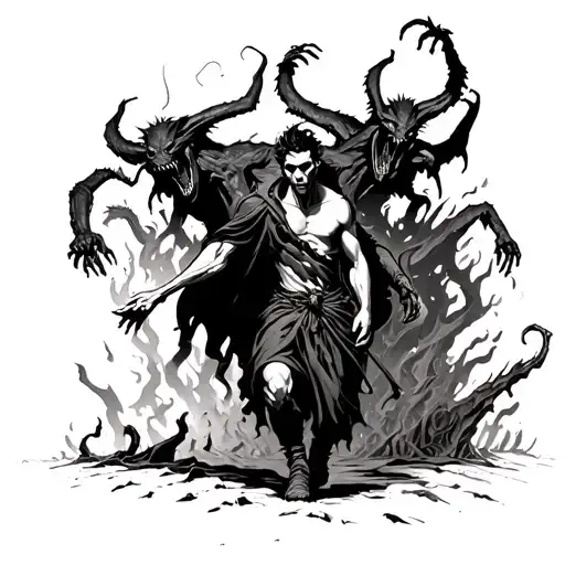 man walking through hell with demons dead behind him and more alive in front of him tattoo design idea