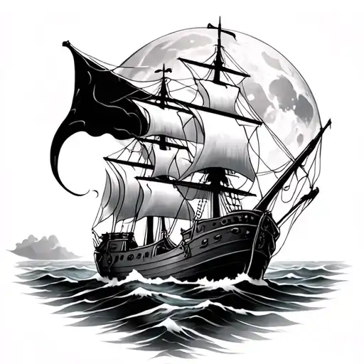 pirate ship, full moon, raging storm tattoo design idea