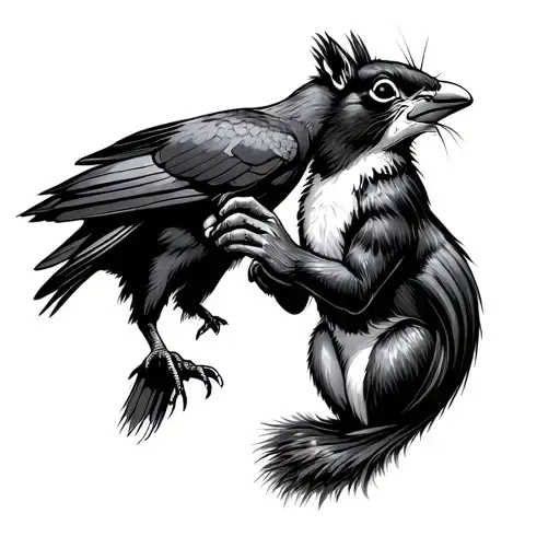a Raven and a squirrel fist bumping. the raven's foot will form a fist to bump with the squirrel's hand.  tattoo design idea