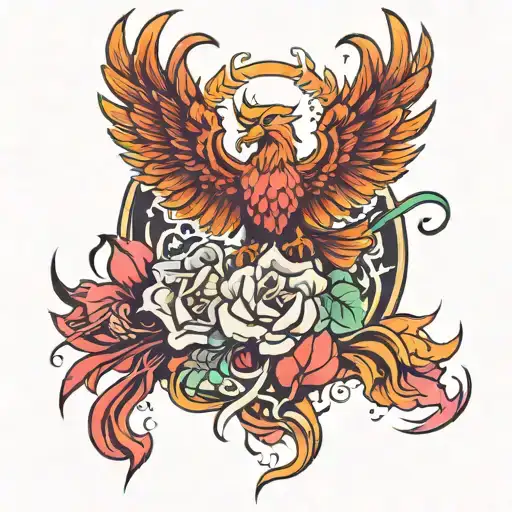 phoenix, fire, rising from rose, big wings tattoo design idea