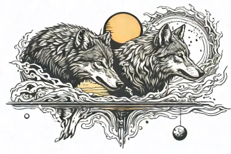 2 battle ridden wolves, 1 all black, 1 all white, facing each other across a body of water with the sun and moon tattoo design idea