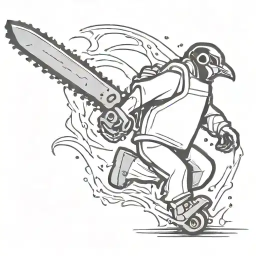 penguin running a chainsaw man anime tattoo design idea