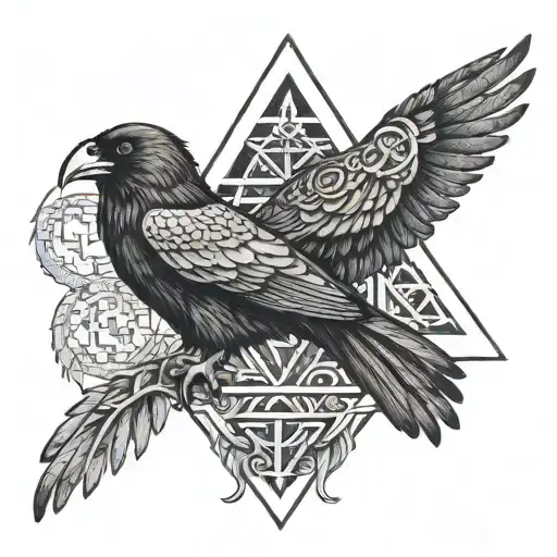 Flanking Ravens: On each side of the Valknut, two detailed ravens face outward. Their wings extend slightly as if they are in mid-flight, with fine linework for each feather that gives a sense of texture and movement. tattoo design idea