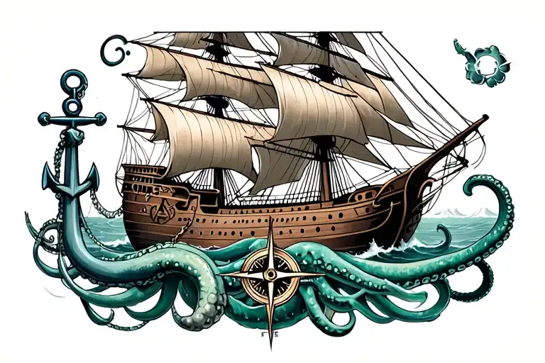 pirate ship, anchor, compass, tentacles tattoo design idea