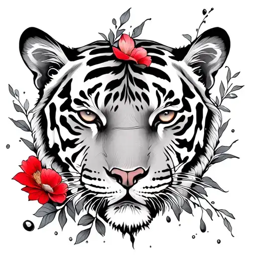 Black and white tattoo. Everything is black and white except tigers eye’s and the flowers which are red. then add water, tattoo design idea