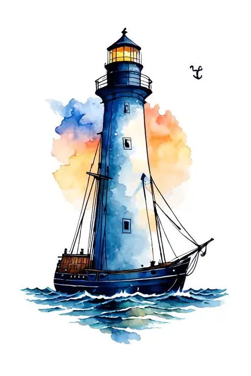 Focus on lighthouse, anchor, sailing ship tattoo design idea