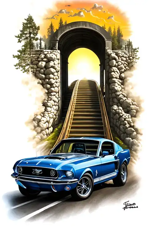 ford mustang, highway, heaven gates open with stairs tattoo design idea
