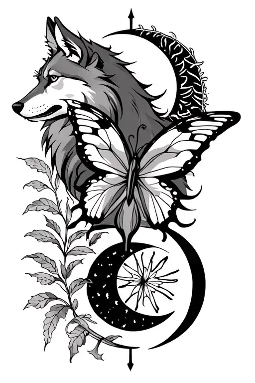 wolf with french lily symbol, butterfly an sun and moon symbol tattoo design idea