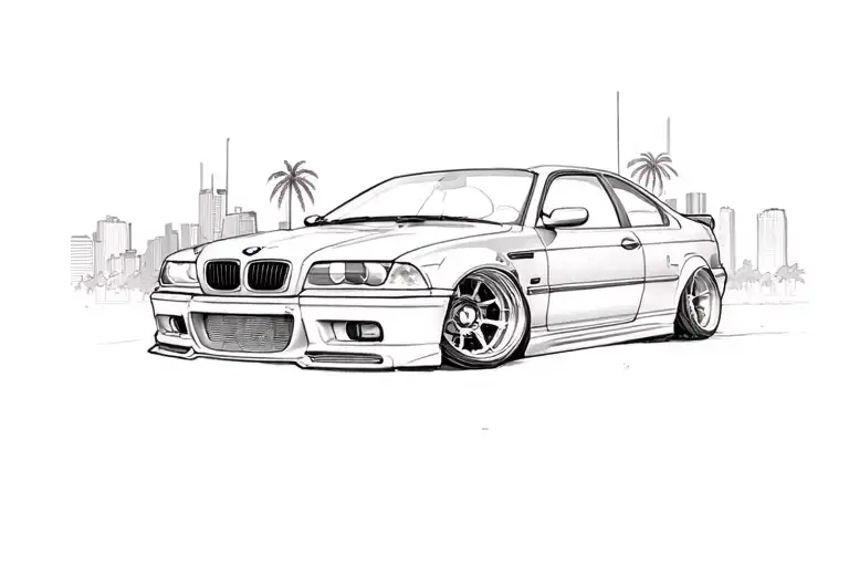 a bmw e46 m3 car in front of skyscrapers and palm trees tattoo design idea
