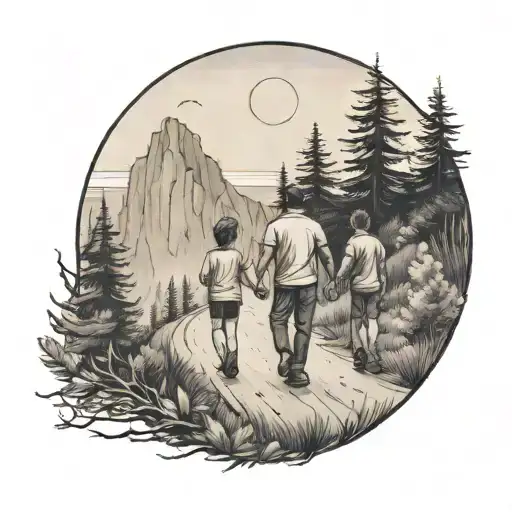father in the middle  with two kids walking down the road with forest and cliffs in background tattoo design idea