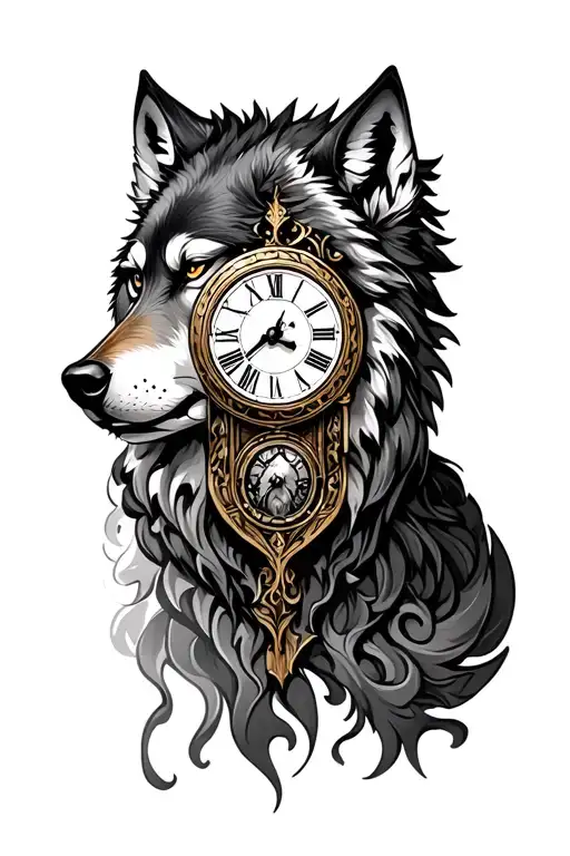 Wolf and Roman clock and Fôret tattoo design idea
