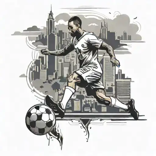 A skyline of Sao Paulo with a soccer player kicking a ball in the foreground, showcasing the client's love for their city and soccer tattoo design idea