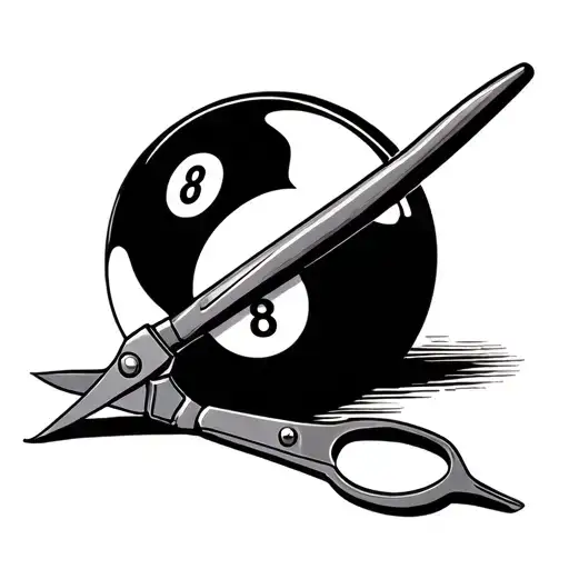 "tattoo design, memorial style, plastering trowel, barber scissors, 8-ball, name 'Cacho', black ink, fine line, minimal tattoo design idea
