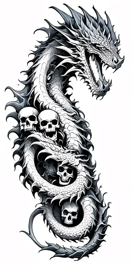 dragon wrapped around arm with skulls around dragon  tattoo design idea