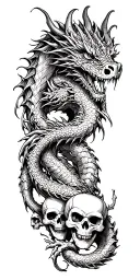 dragon wrapped around arm with skulls around dragon  tattoo design idea