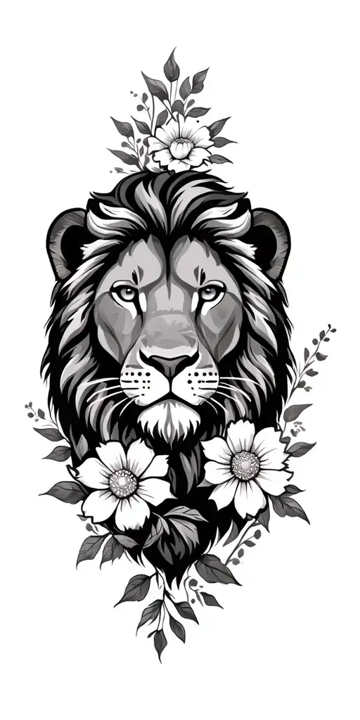 Leo lion with flowers tattoo design idea