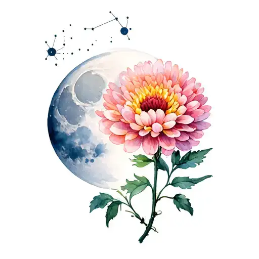 chrysanthemum flower waning gibbous moon and Sagittarius constellation tattoo design idea
