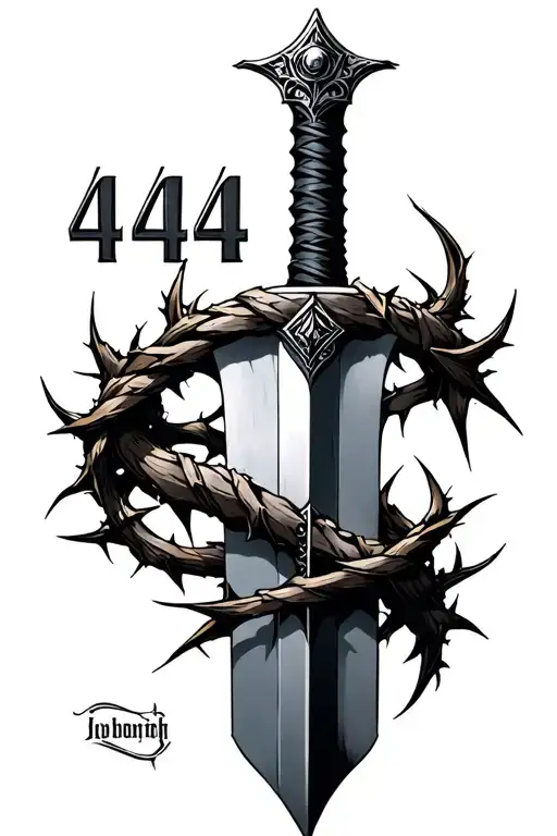 number 444 going down a sword with thorns wrapped around tattoo design idea