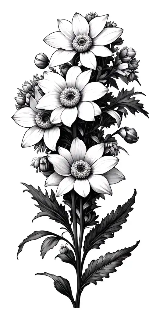 larkspur Chrysanthemum  and Narcissus flowers tattoo design idea