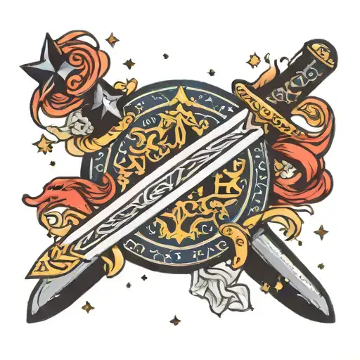 sword surrounded by stars, sea, stars shining tattoo design idea