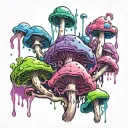 Toxic Mushrooms Melting downwards, psychedelic, trippy, purple green black blue pink. tattoo design idea