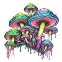Toxic Mushrooms Melting downwards, psychedelic, trippy, purple green black blue pink. tattoo design idea