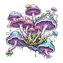 Toxic Mushrooms Melting downwards, psychedelic, trippy, purple green black blue pink. tattoo design idea