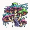 Toxic Mushrooms Melting downwards, psychedelic, trippy, purple green black blue pink. tattoo design idea