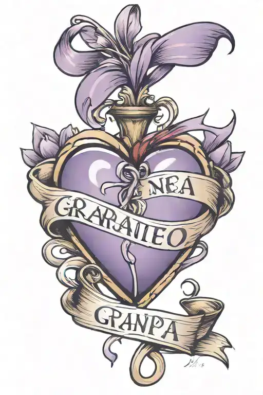 realistic purple heart with a ribbon wrapped around saying granpa  tattoo design idea