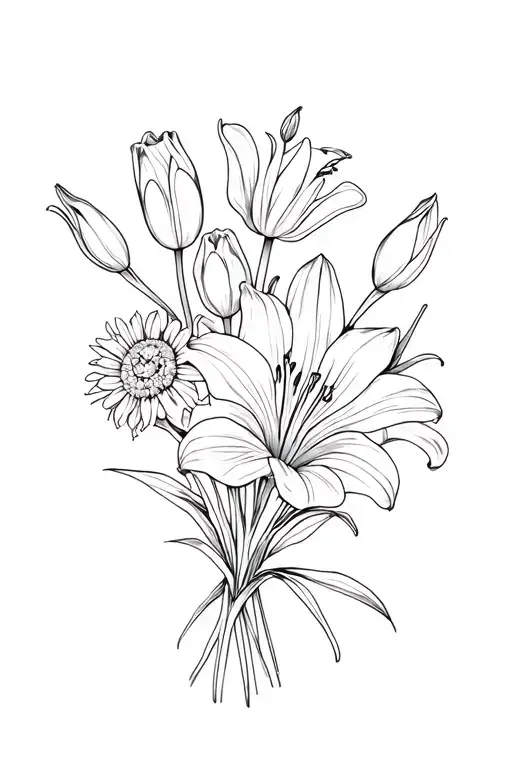 bouquet of lilies, tulips and crysanthemums tattoo design idea