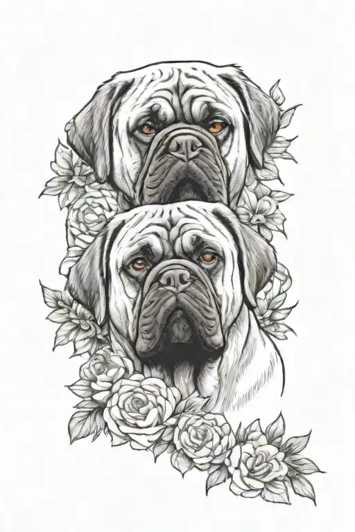 A Cane Corso dog and a Pekingese dog, memorial portrait, surrounded by flowers tattoo design idea