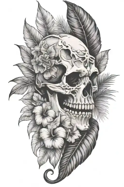tropical leaves with hibiscus an T Rex skull tattoo design idea