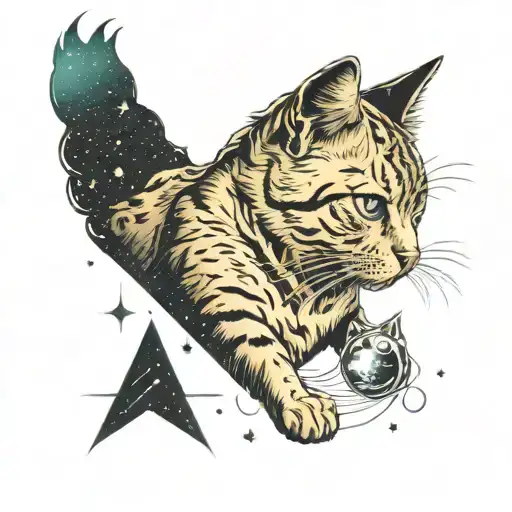 cat staring at aquarius constellation while a shooting star goes across tattoo design idea