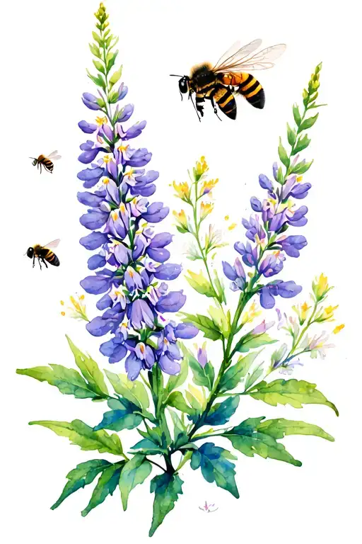 Lupine, fireweed, honeysuckle bees flying tattoo design idea