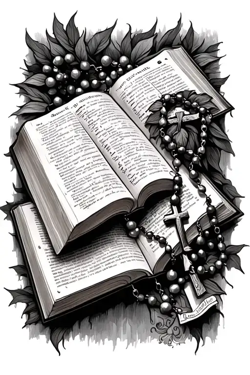 open bible with writing and rosary tattoo design idea