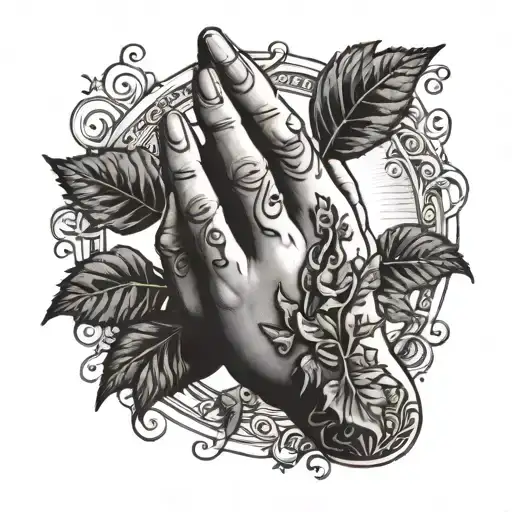 prayer hands with Ivy vines growing and sun rays shining behind tattoo design idea