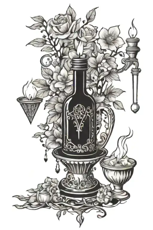 Create a tattoo of a tarot spread with crystals, candles and a potion bottle tattoo design idea