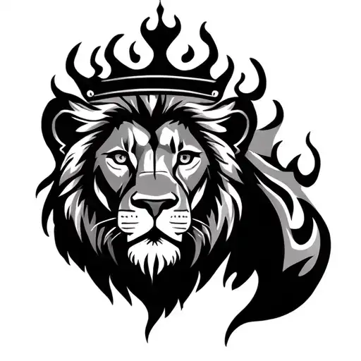 a LION with a crown and mainw made of fire flames tattoo design idea